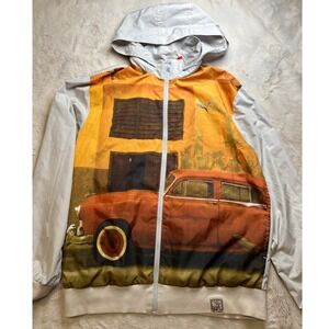Puma Windbreaker Jacket Mens Medium Grey Orange Graphic Car Print Zip Up vintage